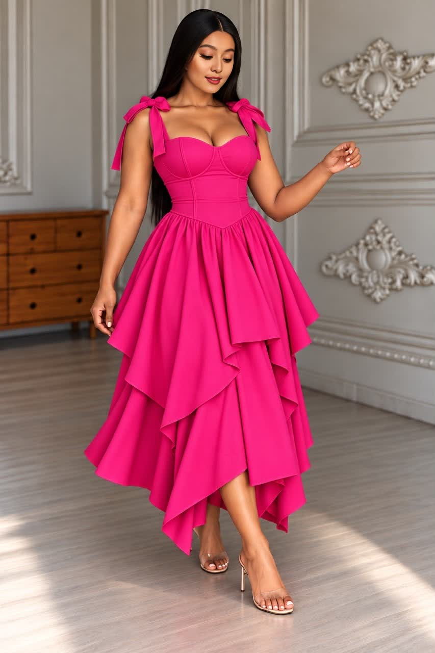 Fuchsia tie-shoulder asymmetrical high-low midi evening dress with ruffled tiered skirt.