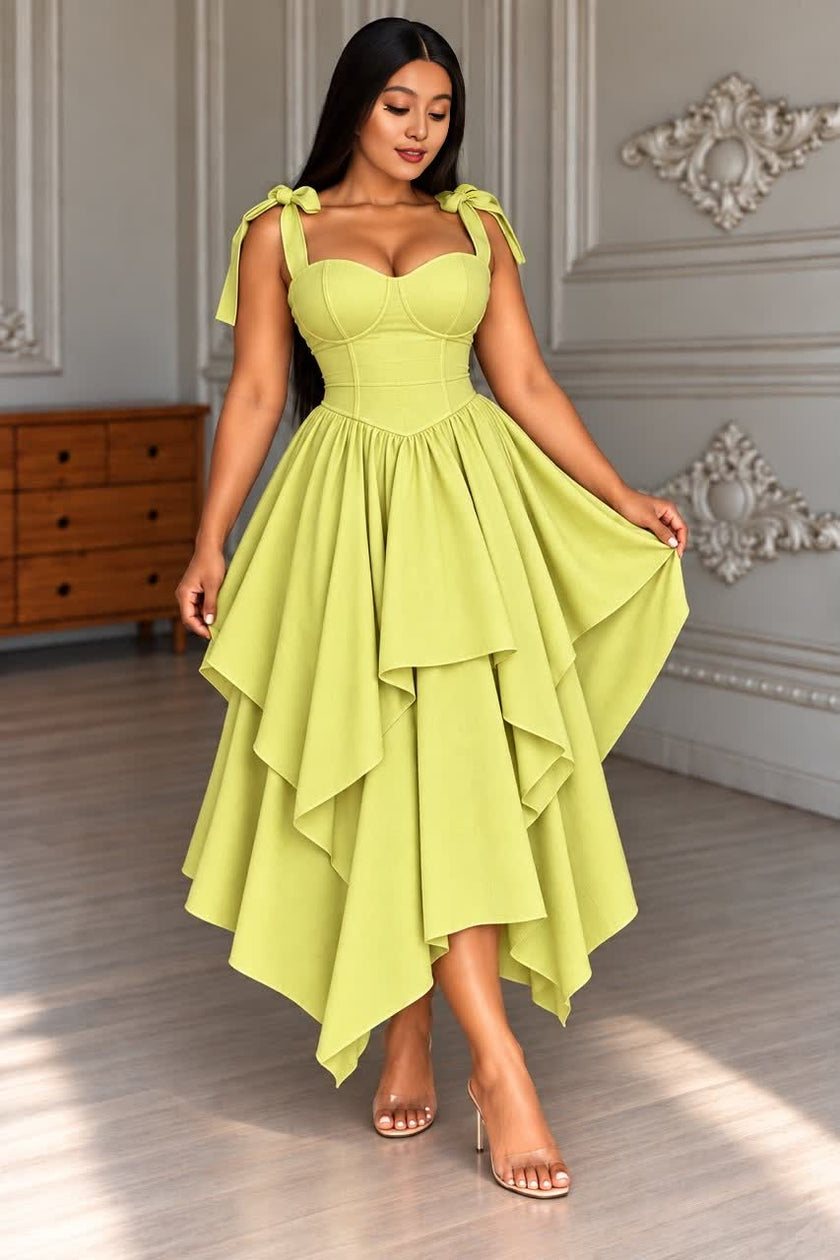 Lime tie-shoulder asymmetrical high-low midi evening dress with layered ruffle skirt.