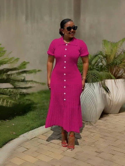 Hot-pink knit midi dress with short sleeves and vertical button front.