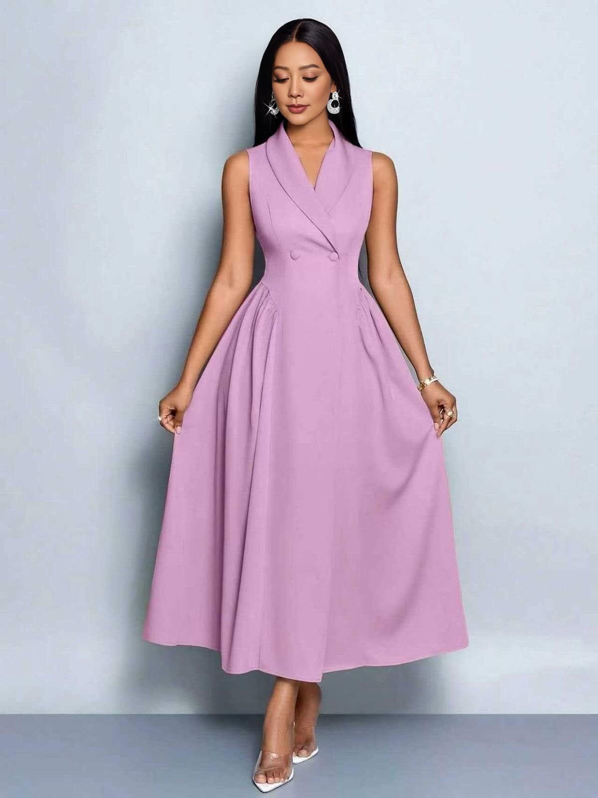 Sleeveless midi dress in lavender, V-neck with pleated A-line skirt