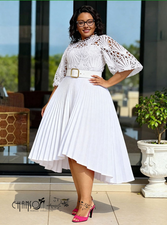 White lace pleated midi dress with short flutter sleeves and lace yoke