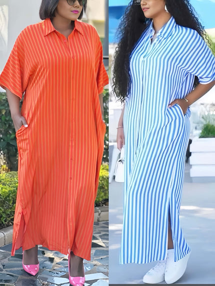 Striped midi collared shirt dress, orange-red on left and light blue on right, side slit