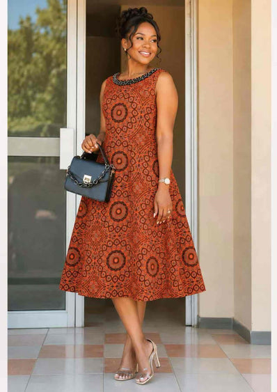 Orange sleeveless midi dress with circular print, round neckline and flared skirt