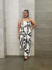 : Women's Sleeveless Wide-Leg Jumpsuit with Abstract Black and White Geometric Print