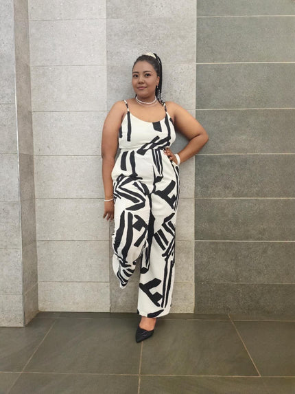 : Women's Sleeveless Wide-Leg Jumpsuit with Abstract Black and White Geometric Print