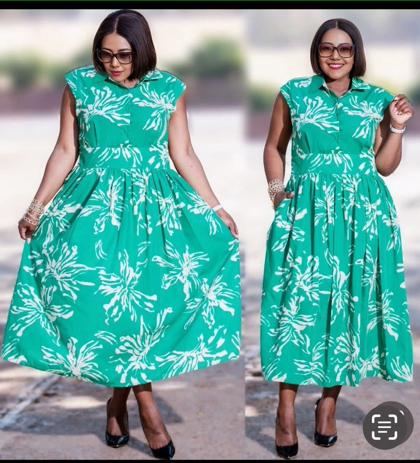 Green floral midi dress with sleeveless flared fit