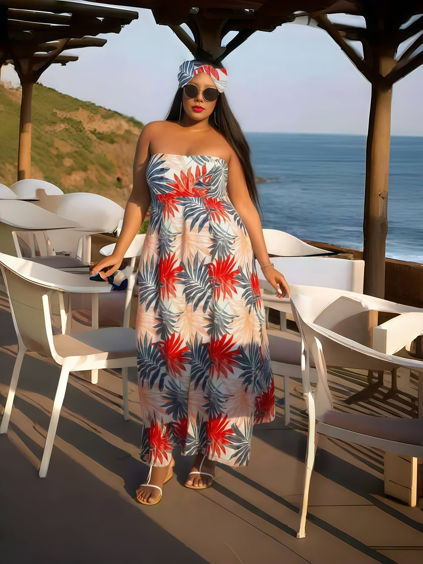 Strapless maxi dress with tropical leaf print in red, blue, green on light base