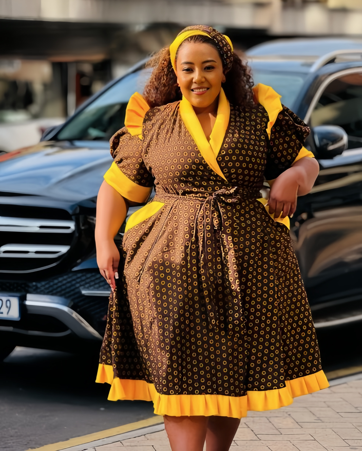 Polka dot ruffle dress with adjustable waist tie, brown with yellow trim and V-neck