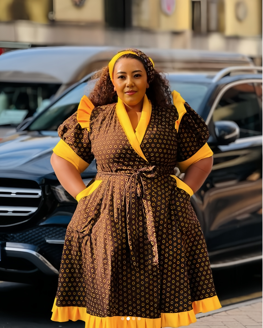 Retro Polka Dot Ethnic Dress - Ruffled Cuffs and Hem Design with Waist Belt