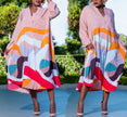Loose-fit printed shirt dress, pink with abstract geometric orange blue red midi hem