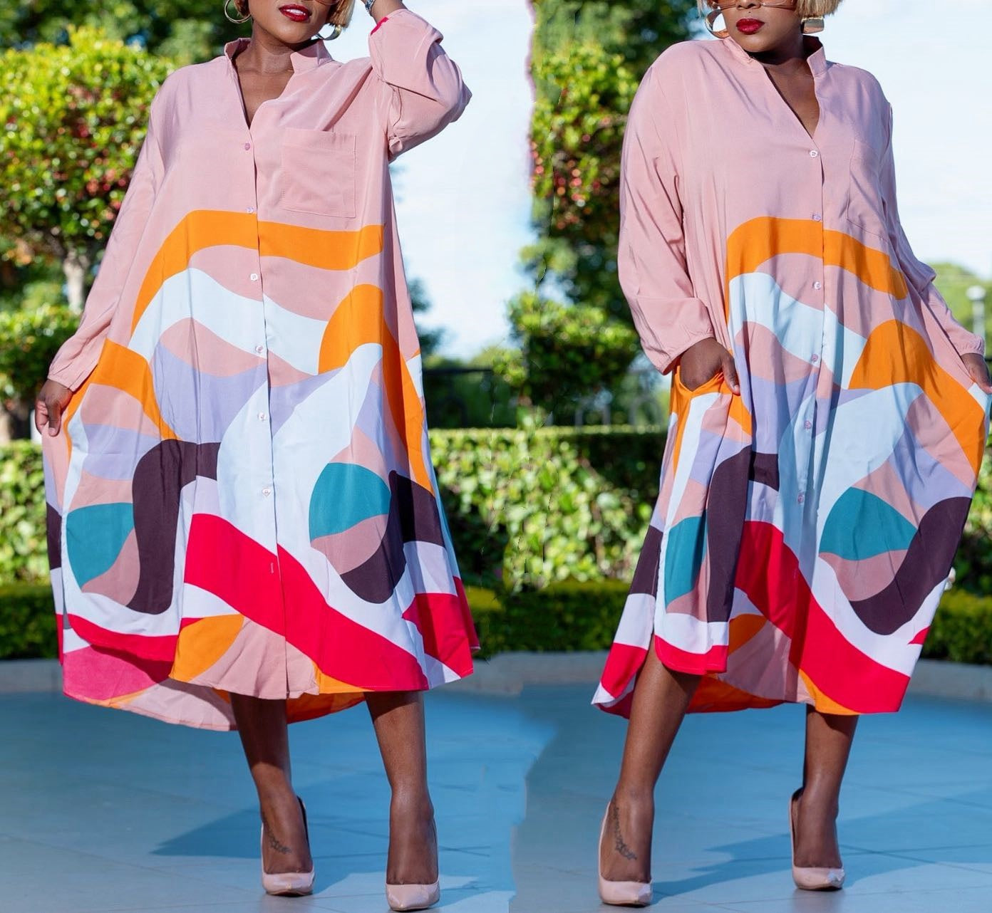 Loose-fit printed shirt dress, pink with abstract geometric orange blue red midi hem