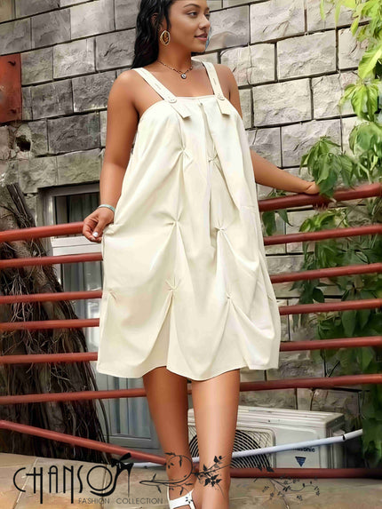 Button Strap Gathered Midi Dress Elegant Chic Style