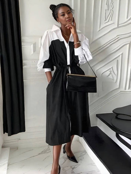 Black patchwork midi shirt dress with tie belt, half-placket and long sleeves
