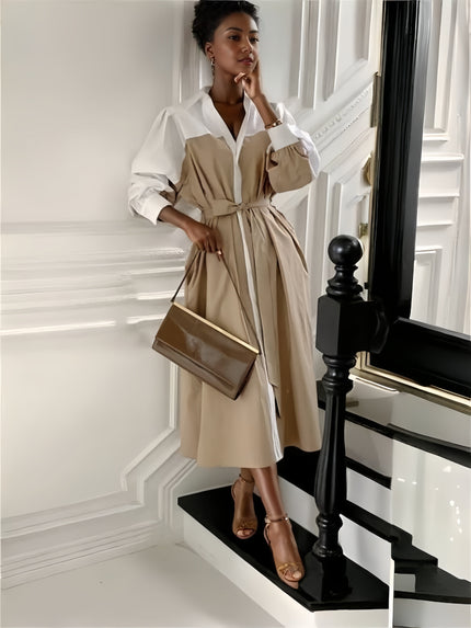 Nude patchwork midi shirt dress with tie belt and long sleeves, button front