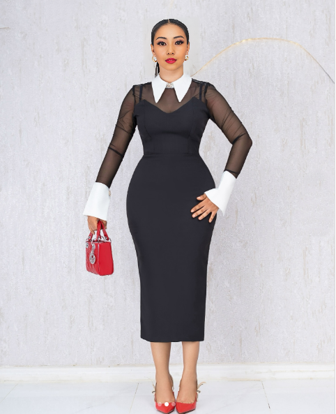 Slim fit midi dress with mesh long sleeves and stand collar, black