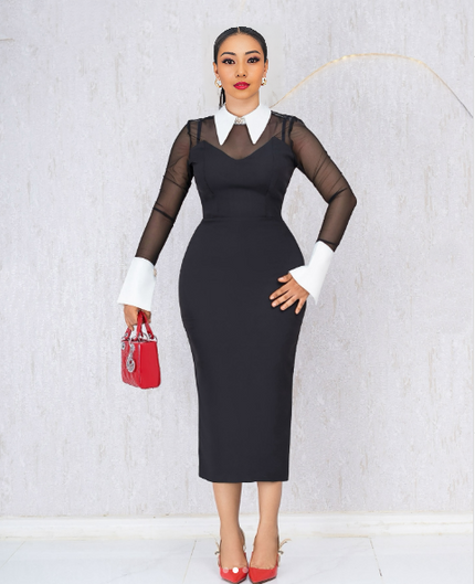 Slim fit midi dress with mesh long sleeves and stand collar, black