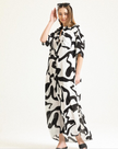 Abstract shirt dress, black and white print, loose maxi with collar and buttons