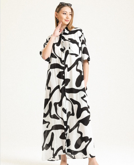 Loose Casual Style Black and White Abstract Pattern Long Shirt Dress