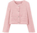 Women's Short Jacket with Round Neck and Long Sleeves, Featuring Symmetrical Front Pockets and Button Closure