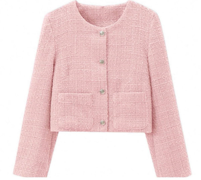 Women's Short Jacket with Round Neck and Long Sleeves, Featuring Symmetrical Front Pockets and Button Closure