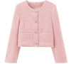 Women's Short Jacket with Round Neck and Long Sleeves, Featuring Symmetrical Front Pockets and Button Closure