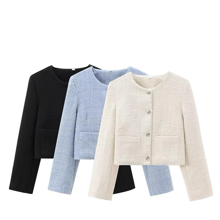 Short jackets set: black, light blue, and cream textured button fronts with pockets.