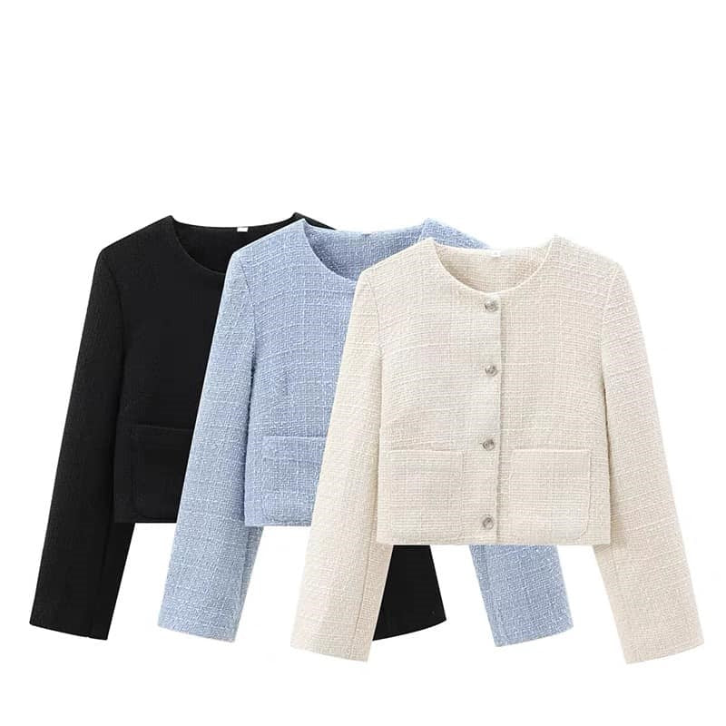 Short jackets set: black, light blue, and cream textured button fronts with pockets.
