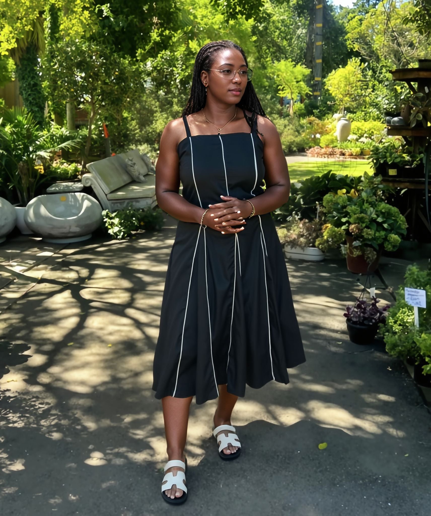 - Sleeveless A-Line Dress with Vertical Piping