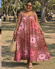 Pink and brown printed loose maxi dress with spaghetti straps, square neckline