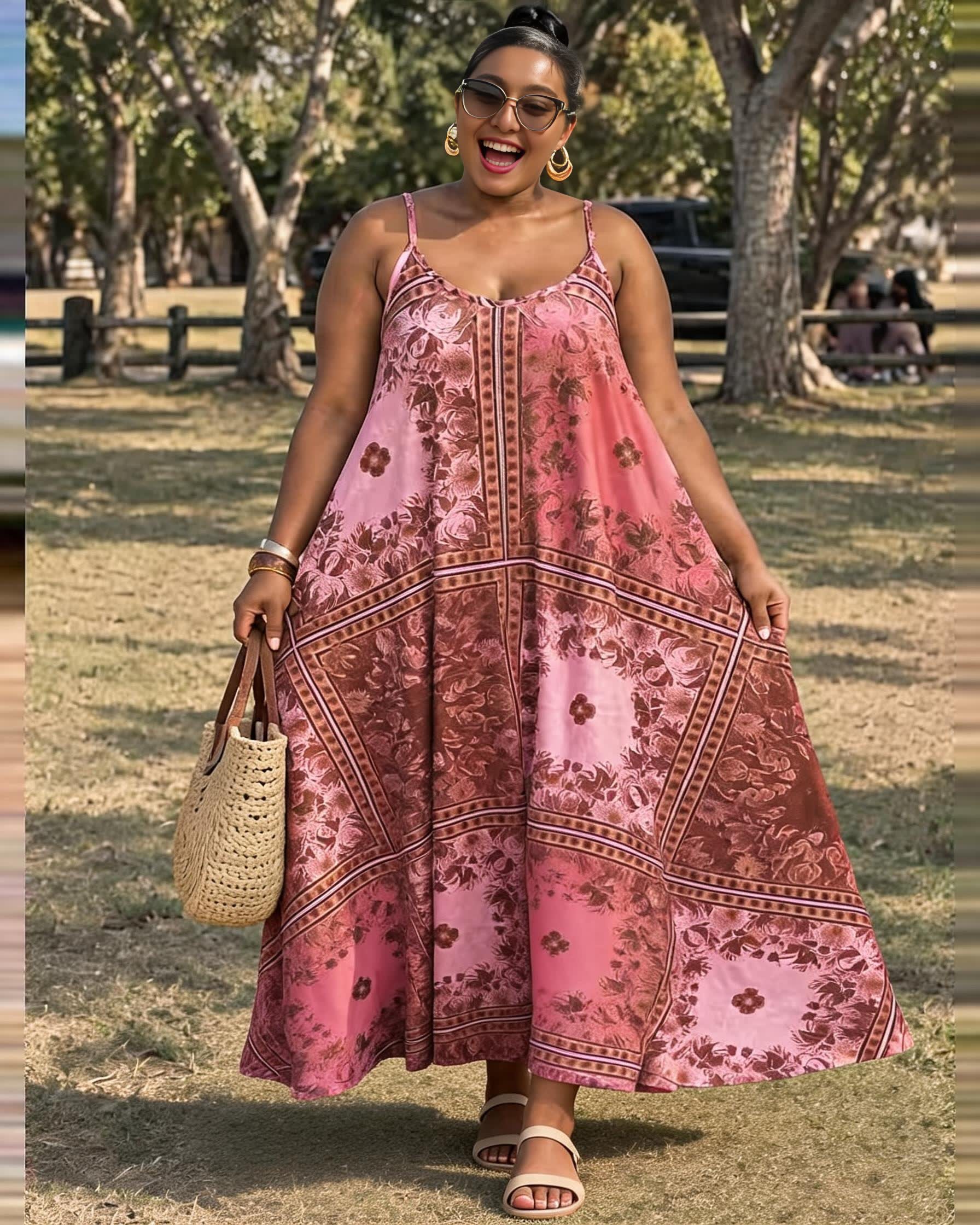 Pink and brown printed loose maxi dress with spaghetti straps, square neckline