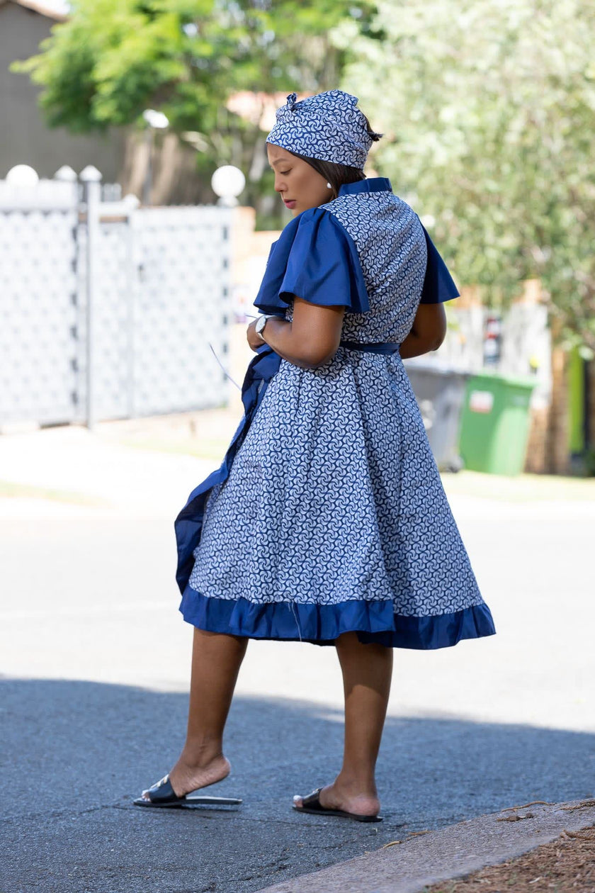 Ethnic Wrap Dress, V-Neck Short Sleeves, Geometric Pattern, Waist Tie Design, Ruffled Hem Decoration