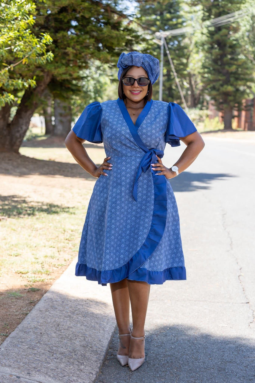 Ethnic Wrap Dress, V-Neck Short Sleeves, Geometric Pattern, Waist Tie Design, Ruffled Hem Decoration