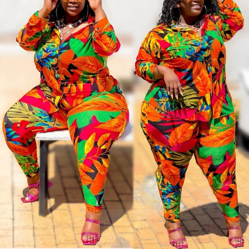 Women’s tropical leaf-print jacket and matching jogger-style pants set, long sleeves