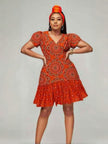 Orange African print puff sleeve mini dress with ruffled skirt and V-neck
