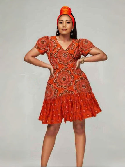 Orange African print puff sleeve mini dress with ruffled skirt and V-neck