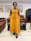 Sleeveless A-line maxi dress, goldenrod with black-trim neckline and pockets