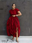 Red ruched maxi skirt with gathered waist and draped side-slit hem