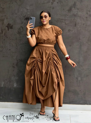 Peru brown ruched maxi skirt with adjustable waistband, layered draped ruching