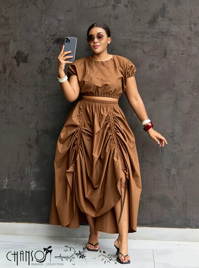 Peru brown ruched maxi skirt with adjustable waistband, layered draped ruching