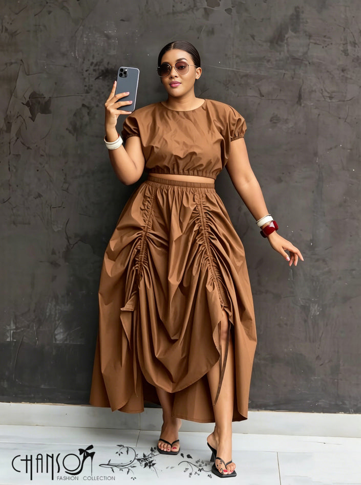 Peru brown ruched maxi skirt with adjustable waistband, layered draped ruching