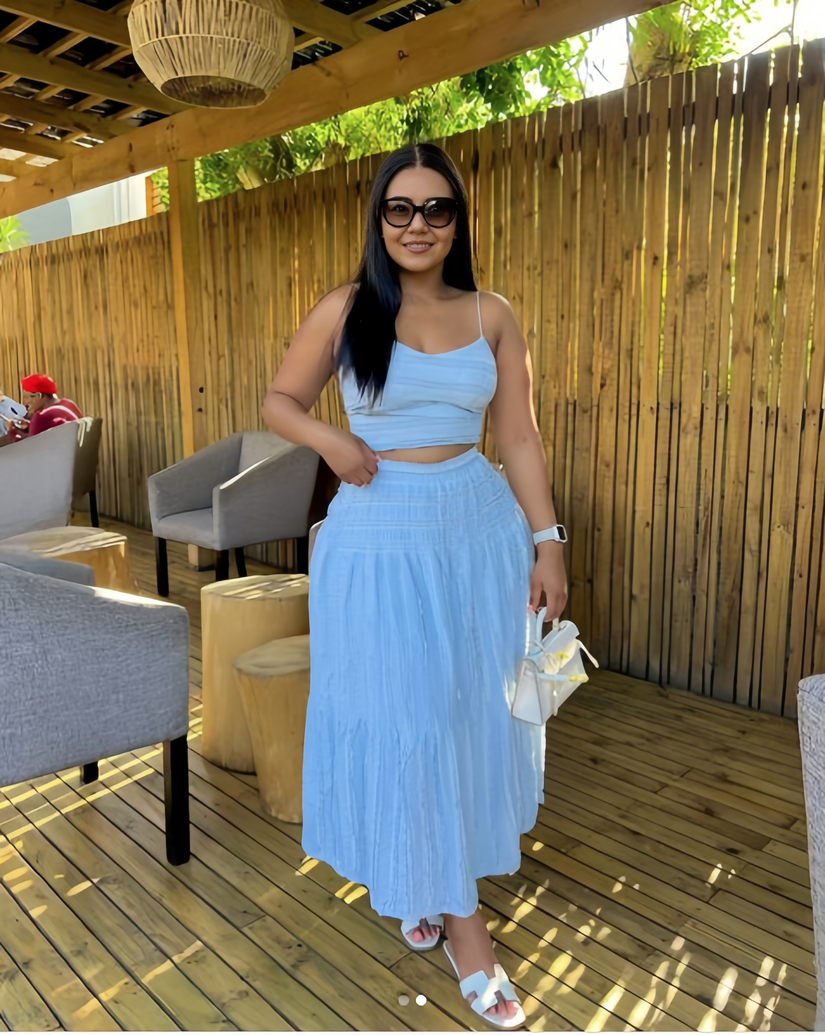 Pleated maxi skirt set in sky blue with smocked cami top and tiered skirt
