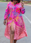 Long-Sleeve A-Line Dress with Mixed Floral and Geometric Patterns