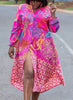 Long-Sleeve A-Line Dress with Mixed Floral and Geometric Patterns