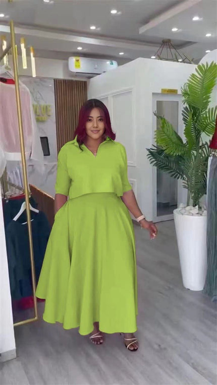 Green collared short-sleeve shirt and A-line skirt set with matching waist seam