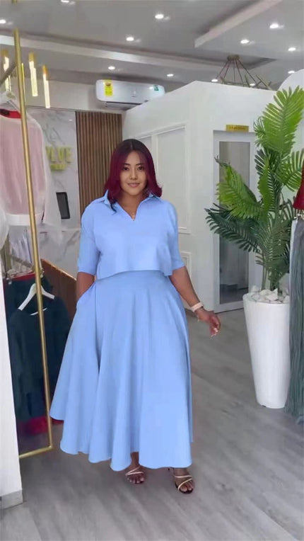 Sky-blue collared short-sleeve shirt and A-line skirt set with matching waist seam