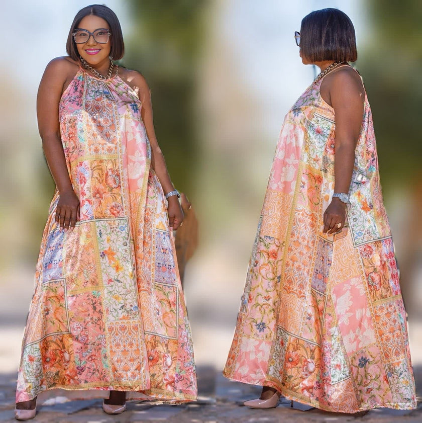 Multicolor patchwork floral maxi dress, sleeveless, tiered patchwork panels