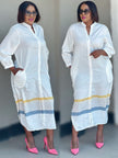 White midi dress with mandarin collar, button front, and yellow-blue striped hem
