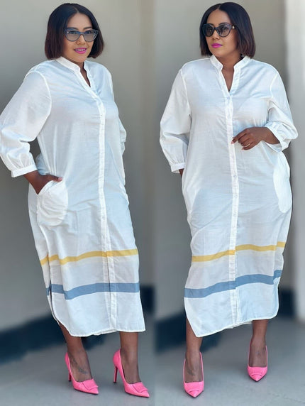 White midi dress with mandarin collar, button front, and yellow-blue striped hem