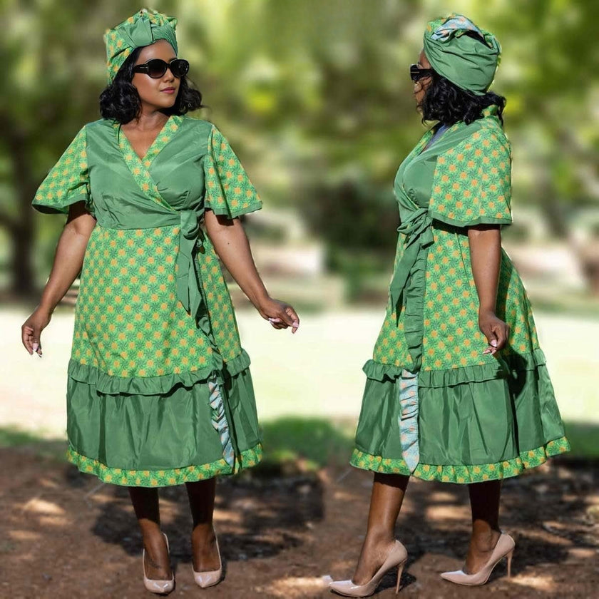 Traditional Style Green Printed Dress with Ruffle Design