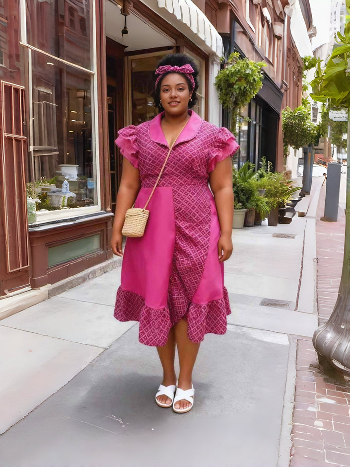 Pink ruffle sleeve midi dress with puff sleeves and buttoned V-neck, midi length hem